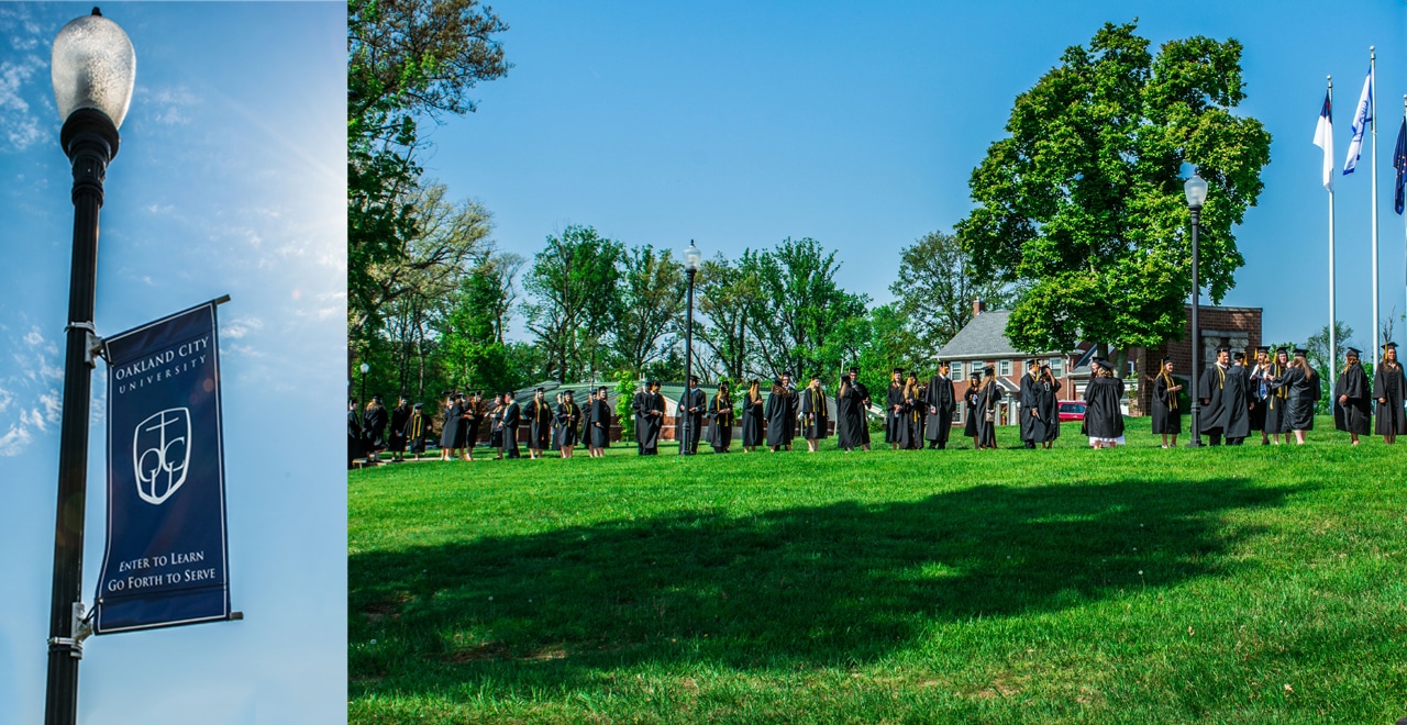 OCU Banner and students lined up for graduation walk.